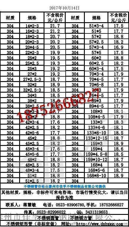 304不锈钢无缝管各种规格价格